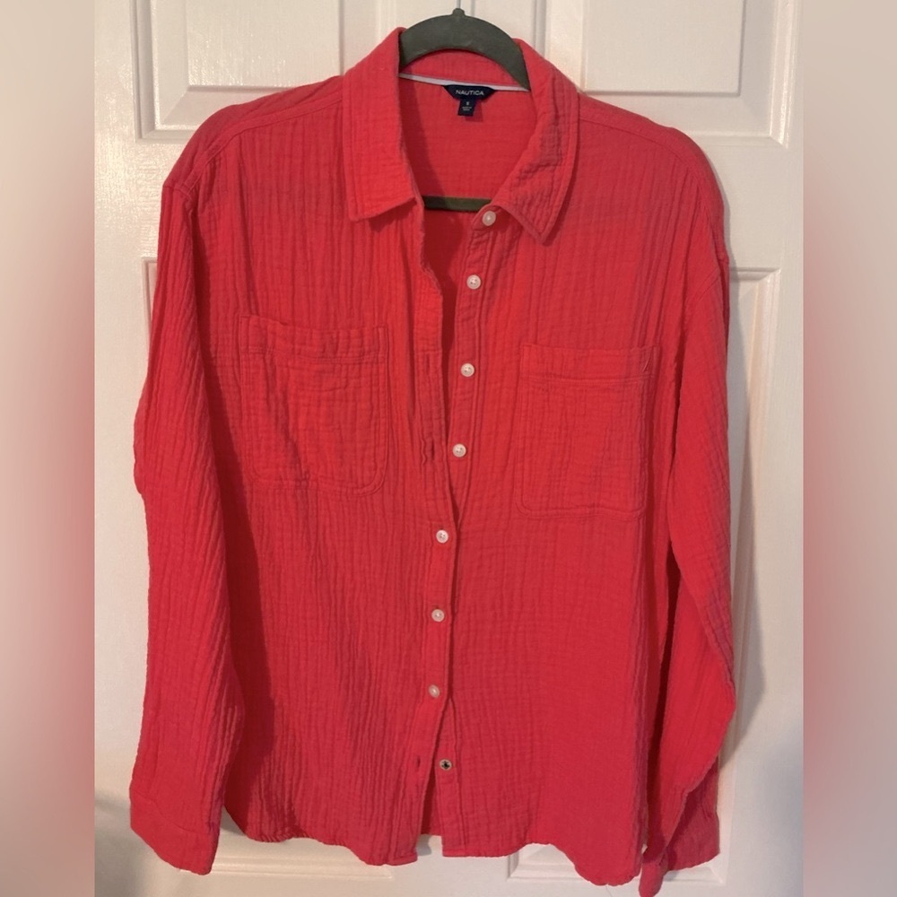 Women’s Coral Crinkle Gauze Long Sleeve Button-Up Shirt, Size Small